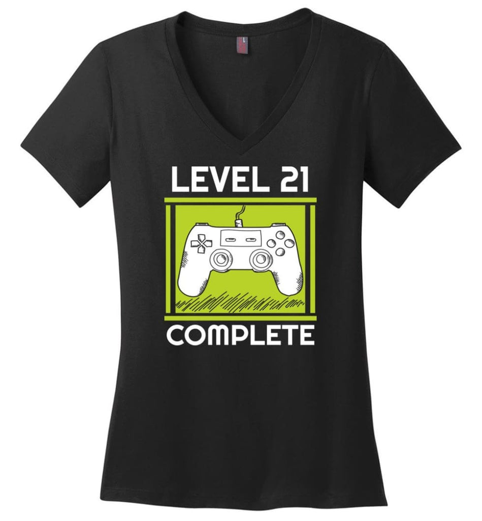 21St Birthday Gift For Gamer Video Games Level 21 Complete Ladies V Neck - Black / M - womens apparel