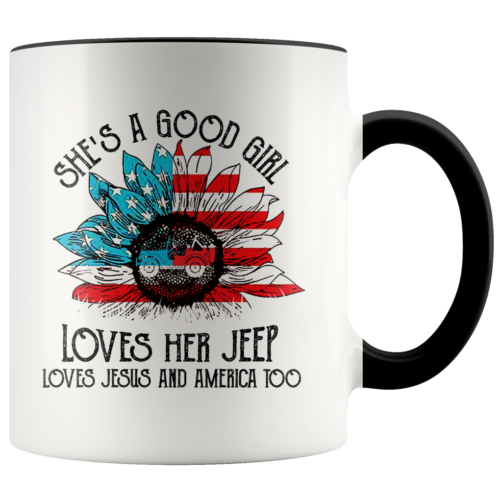 She's A Good Girl Loves Her Jeep Jesus and America Too Funny Birthday Gift Premium Accent Mug