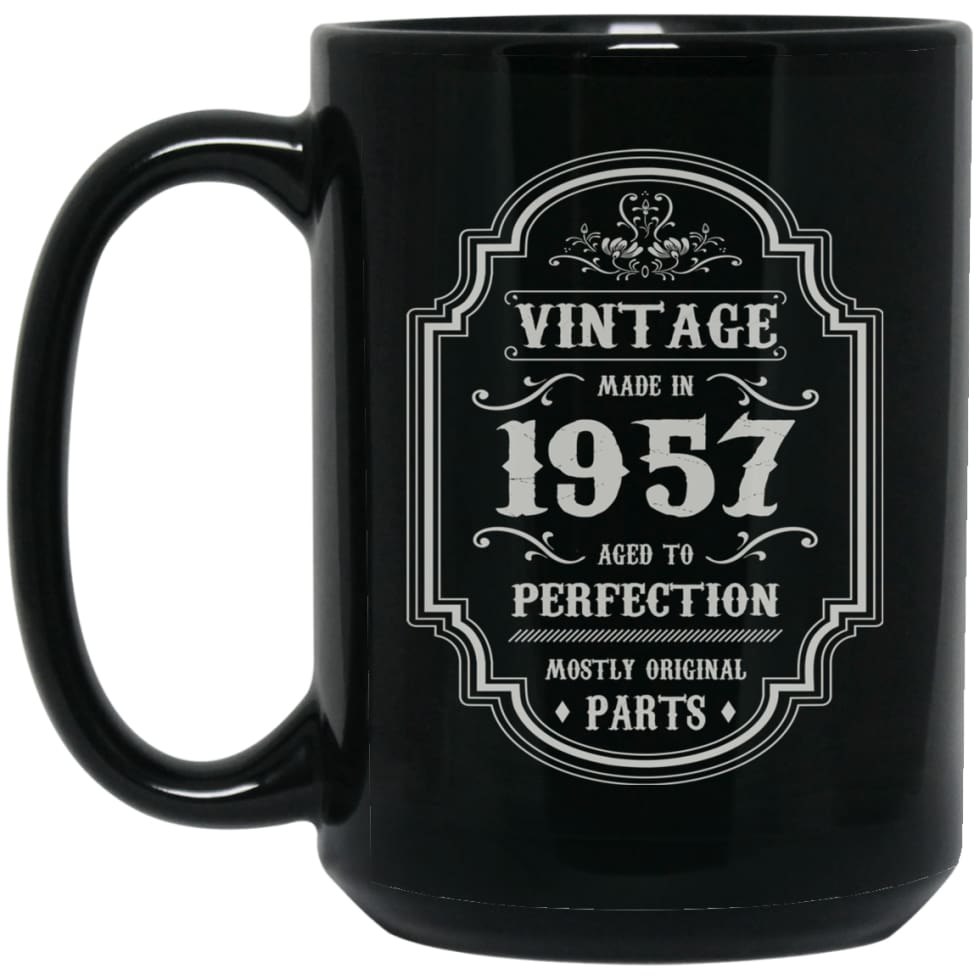 Birthday Gift Vintage Made In 1957 Age to Perfection 15 oz Black Mug - Black / One Size - Drinkware