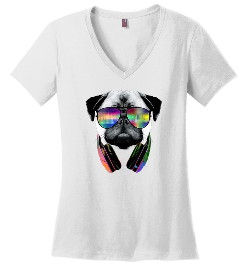 Dog Music Shirt With Dog On It Dog Face T Shirts Funny Dog Band Sweaters - Ladies V-Neck - White / M