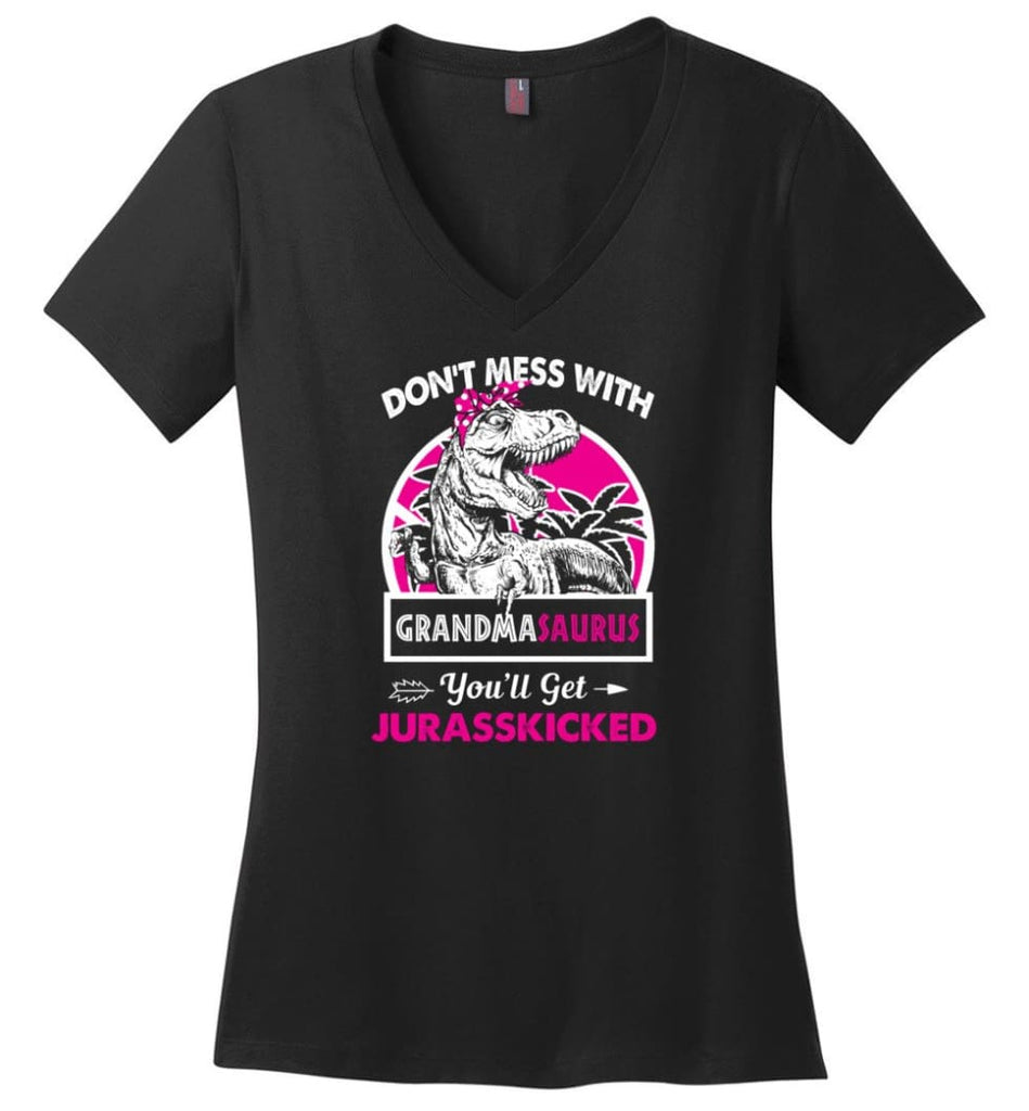 Don’t Mess With Grandma Saurus - Ladies V-Neck - Black / M - Ladies V-Neck