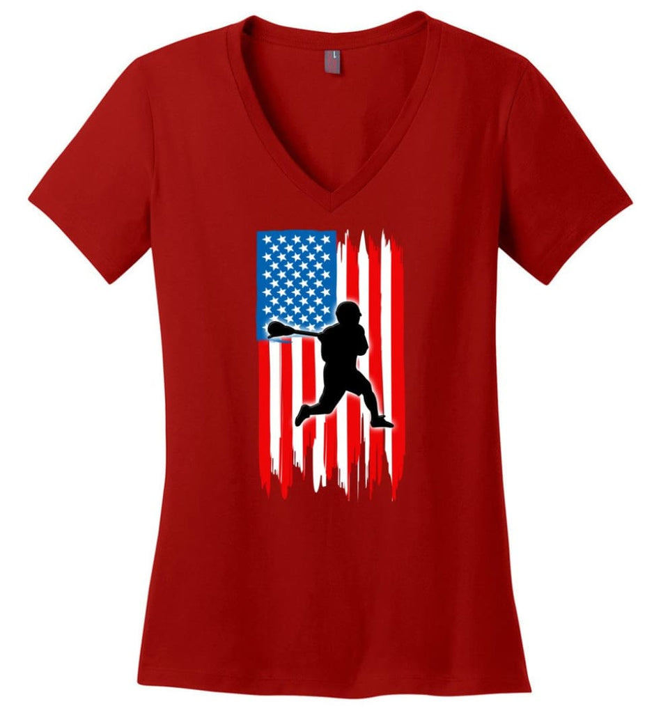 Fencing With American Flag Ladies V-Neck - Red / M