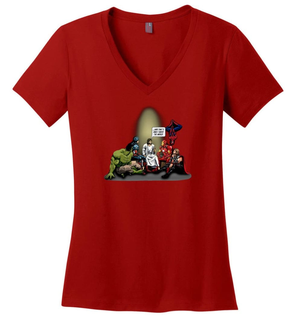 Jesus And Superheroes That’s How I Saved The World Christian Funny T Shirt - Ladies V-Neck - Red / M