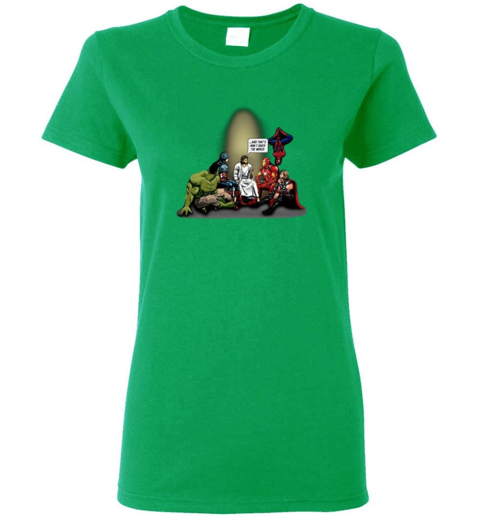 Jesus And Superheroes That’s How I Saved The World Christian Funny T Shirt Women Tee - Irish Green / M