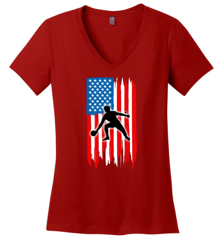 Lacrosse With American Flag Ladies V-Neck - Red / M