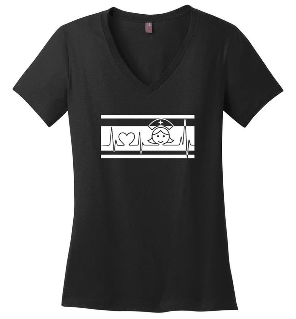 Nurse Nursing Shirt For Who Love Being A Nurse Heartbeat Ladies V Neck - Black / M - womens apparel