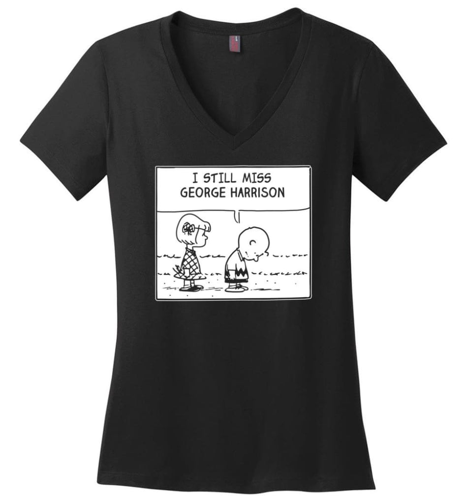 Peanuts George Harrison T Shirt Charlie Brown I Still Miss George Harrison Ladies V-Neck - Black / M