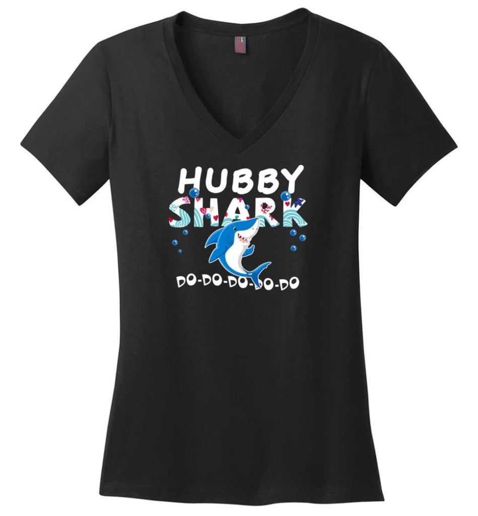 Shark Family Hubby Shark T Shirt Doo Doo Doo - Ladies V-Neck - Black / M - Ladies V-Neck