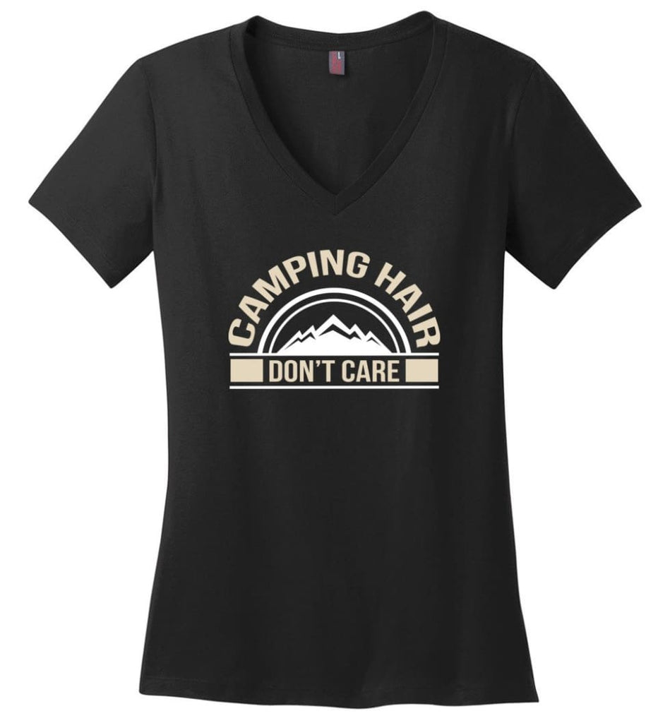 Shirt for Campers Funny Camping Hair Dont Care Ladies V-Neck - Black / M - womens apparel