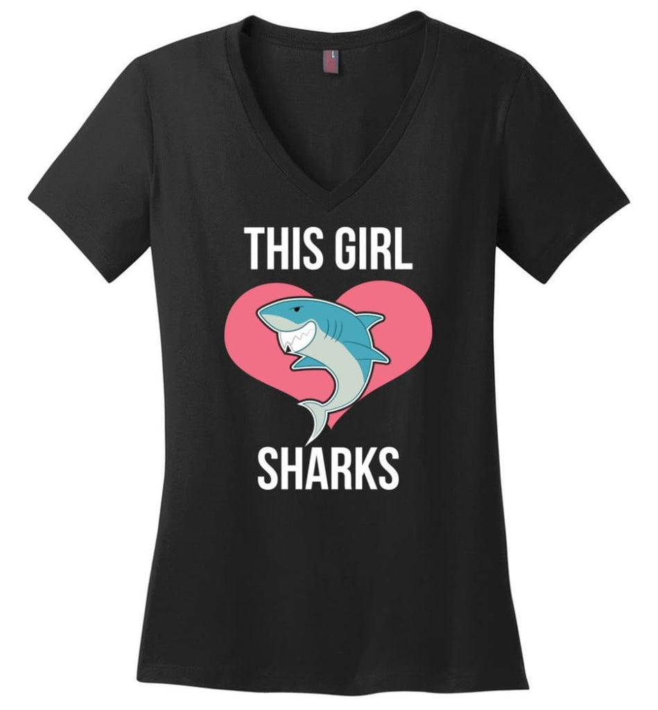 This Girl Loves Sharks Shark Lover Graphic Tee Ladies V Neck - Black / M - womens apparel