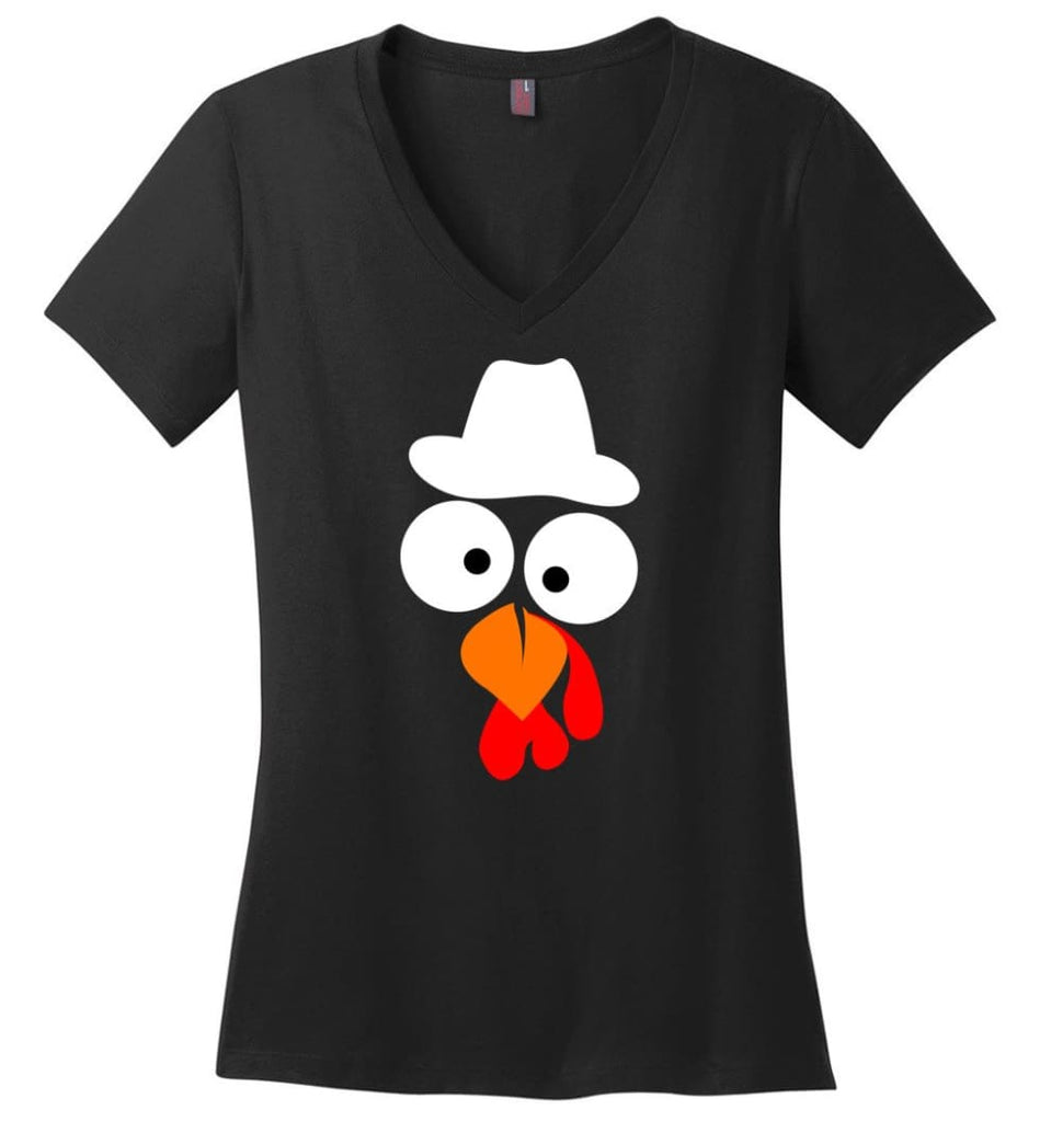 Turkey Face Cowboy Thanksgiving Gifts Ladies V-Neck - Black / M