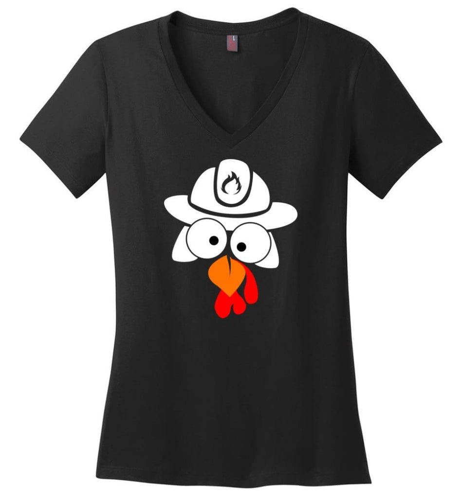 Turkey Face Firefighter Thanksgiving Gifts Ladies V-Neck - Black / M