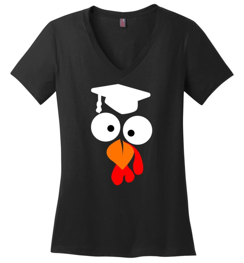 Turkey Face Teacher Thanksgiving Gifts Ladies V-Neck - Black / M