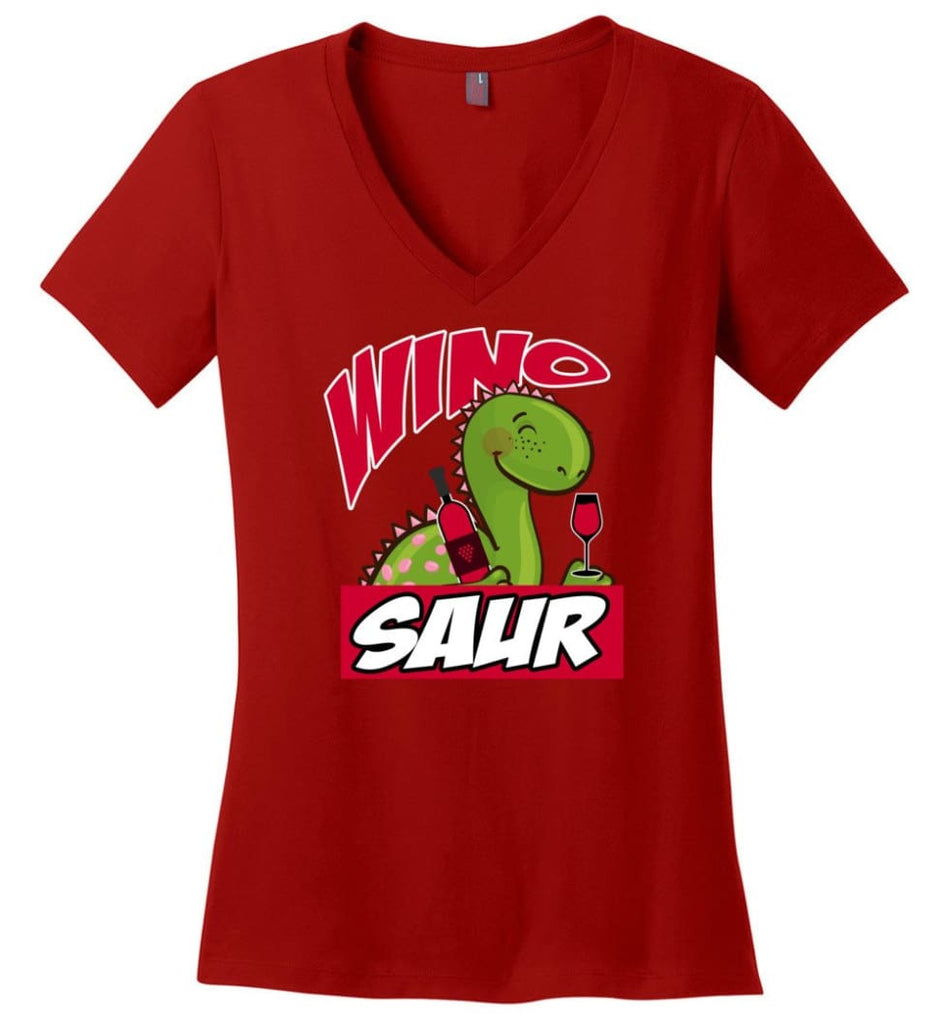Wino Saur Dinosaur Funny Shirt Birthday Gift for Kids - Ladies V-Neck - Red / M
