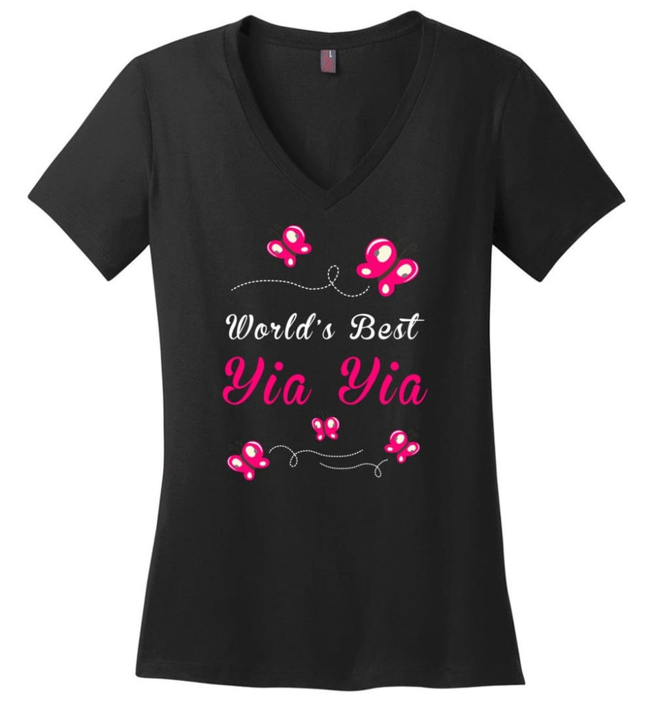 World Best yia Yia Grandma Mom Gift Ladies V-Neck - Black / M