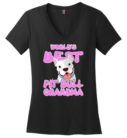 Worlds Best Pit Bull Grandma Pit Bull Lover Mama Pit Bull Owner Ladies V Neck - Black / M - womens apparel