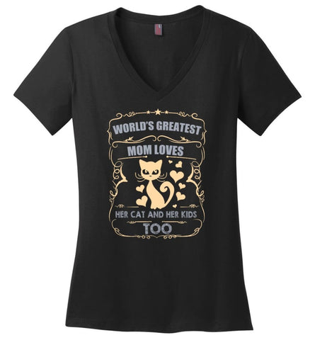 World’s Greatest Mom Loves Cat and Her Kids Too Funny Cat Mom Christmas Sweater - Ladies V-Neck - Black / M