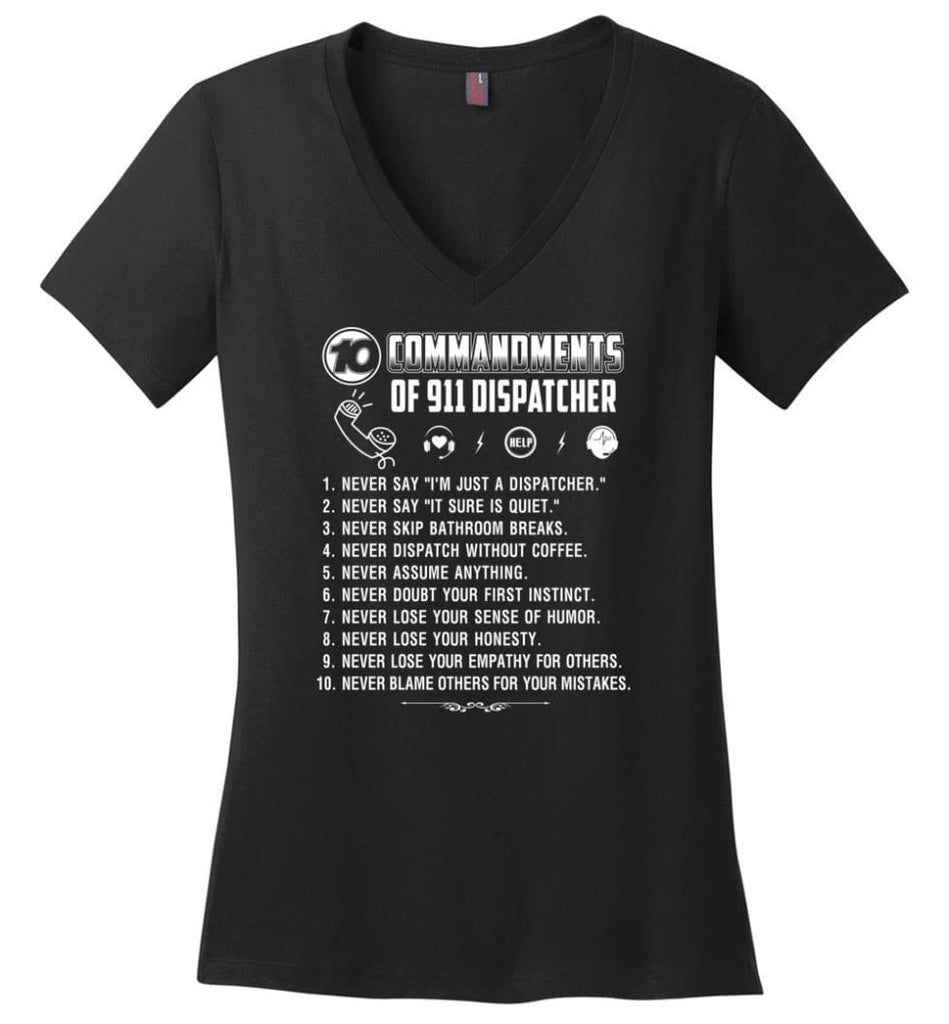 10 Commandments Of 911 Dispatcher Ladies V-Neck - Black / M