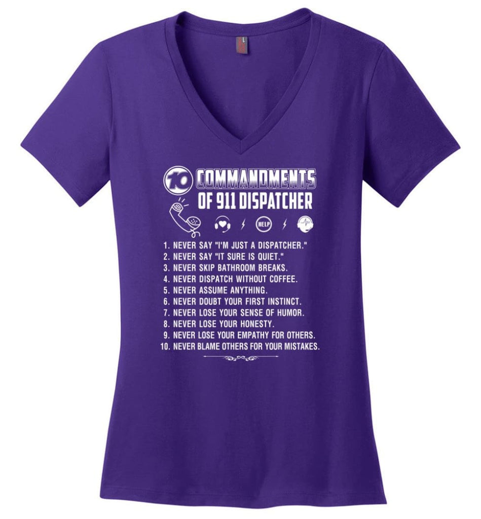 10 Commandments Of 911 Dispatcher Ladies V-Neck - Purple / M