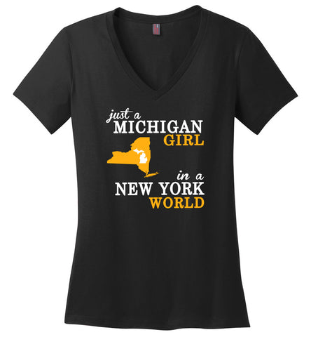 Just A Michigan Girl In A New York World - Ladies V-Neck
