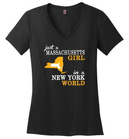Just A Massachusetts Girl In A New York World - Ladies V-Neck