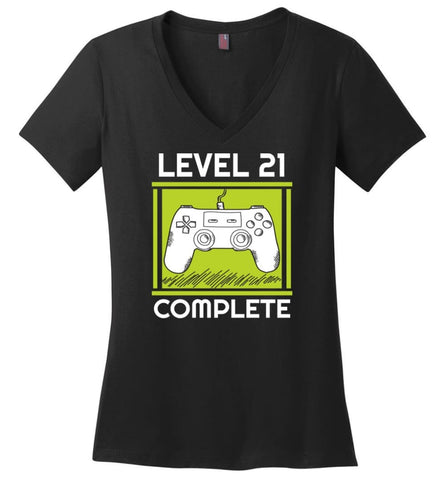 21St Birthday Gift For Gamer Video Games Level 21 Complete Ladies V Neck - Black / M - womens apparel
