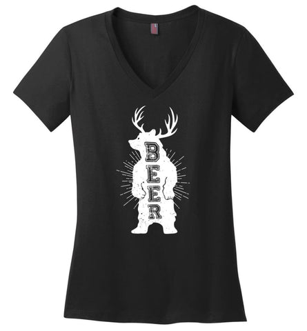 Alcohol Beer Papa Drinking Beer Bear Lover Grandpa Ladies V-Neck - Black / M