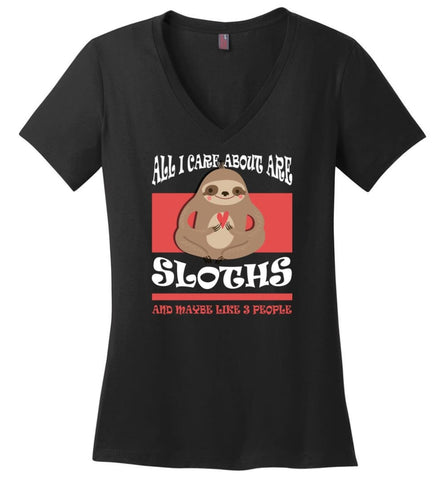All I Care About Are Sloths And Maybe Like 3 People Ladies V Neck - Black / M - womens apparel