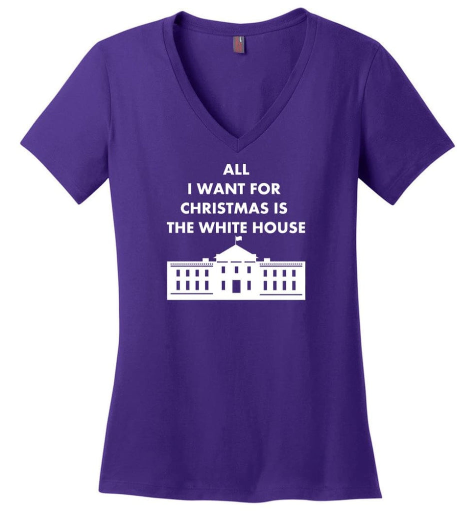 All I Want For Christmas Is The White House Xmas Ladies V-Neck - Purple / M