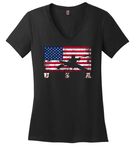 American Flag Badminton Ladies V-Neck - Black / M