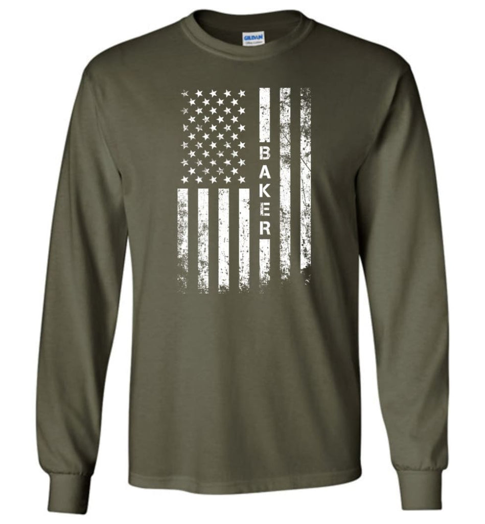 American Flag Baker - Long Sleeve T-Shirt - Military Green / M
