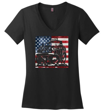 American Flag Jeep Lover Gift Flag Truck Vintage Car Lover Ladies V Neck - Black / M - womens apparel