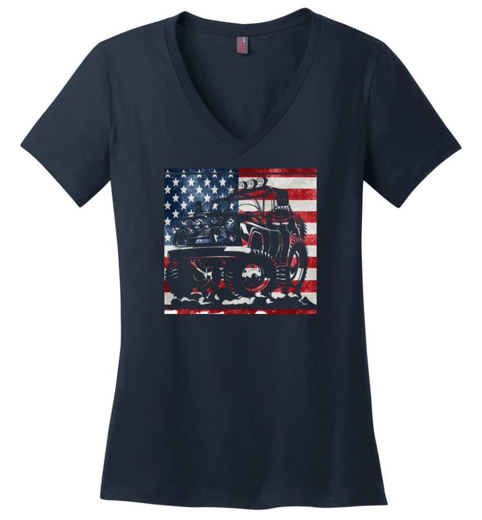 American Flag Jeep Lover Gift Flag Truck Vintage Car Lover Ladies V Neck - Navy / M - womens apparel