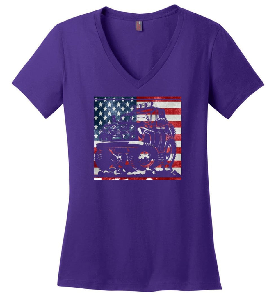 American Flag Jeep Lover Gift Flag Truck Vintage Car Lover Ladies V Neck - Purple / M - womens apparel