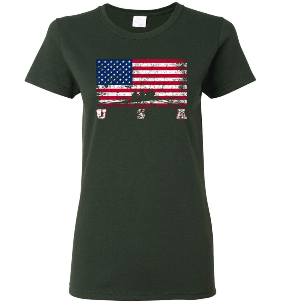 American Flag Rowing Women Tee - Forest Green / M