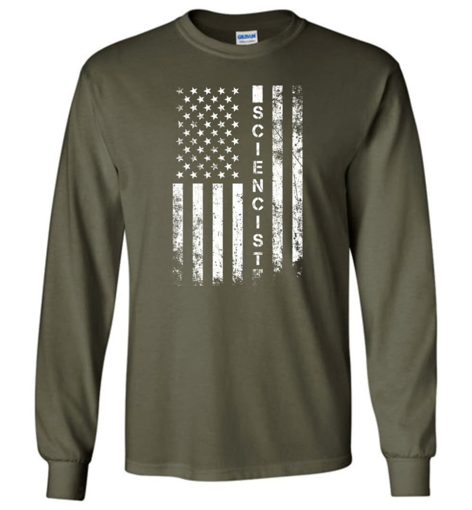 American Flag Sciencist - Long Sleeve T-Shirt - Military Green / M