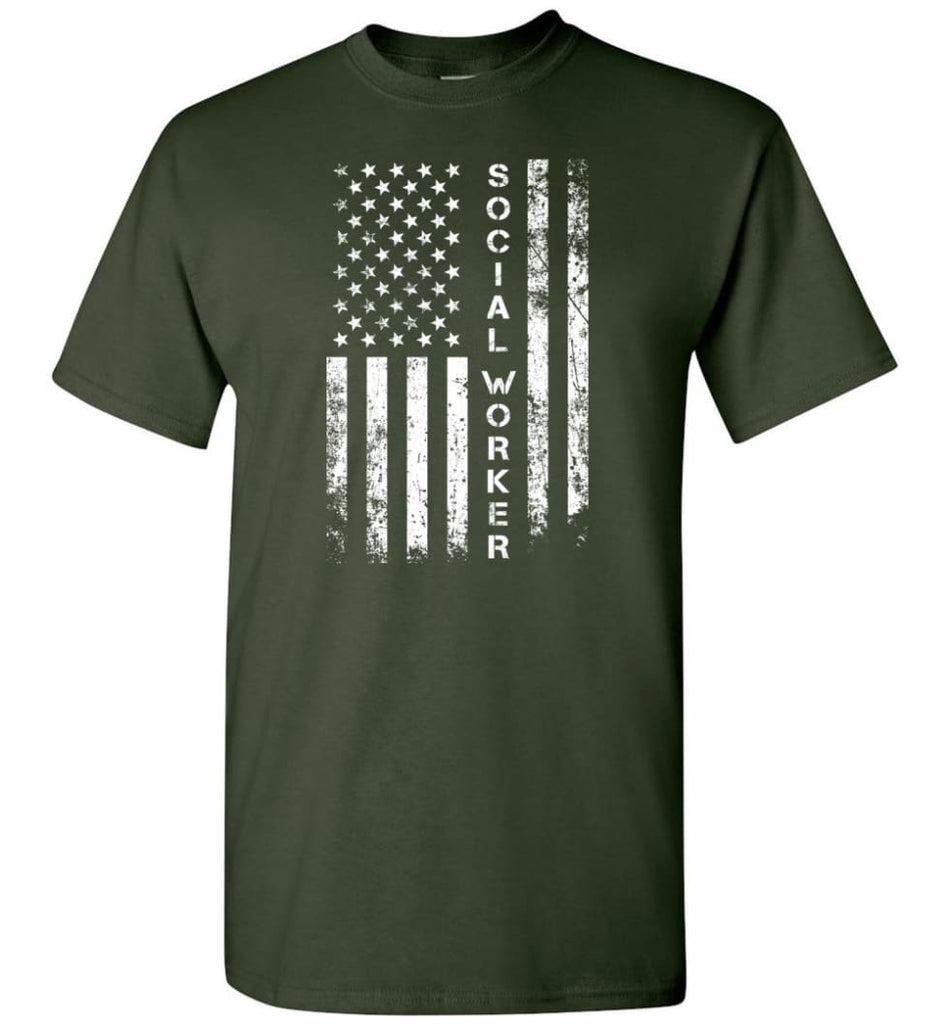 American Flag Social Worker - Short Sleeve T-Shirt - Forest Green / S