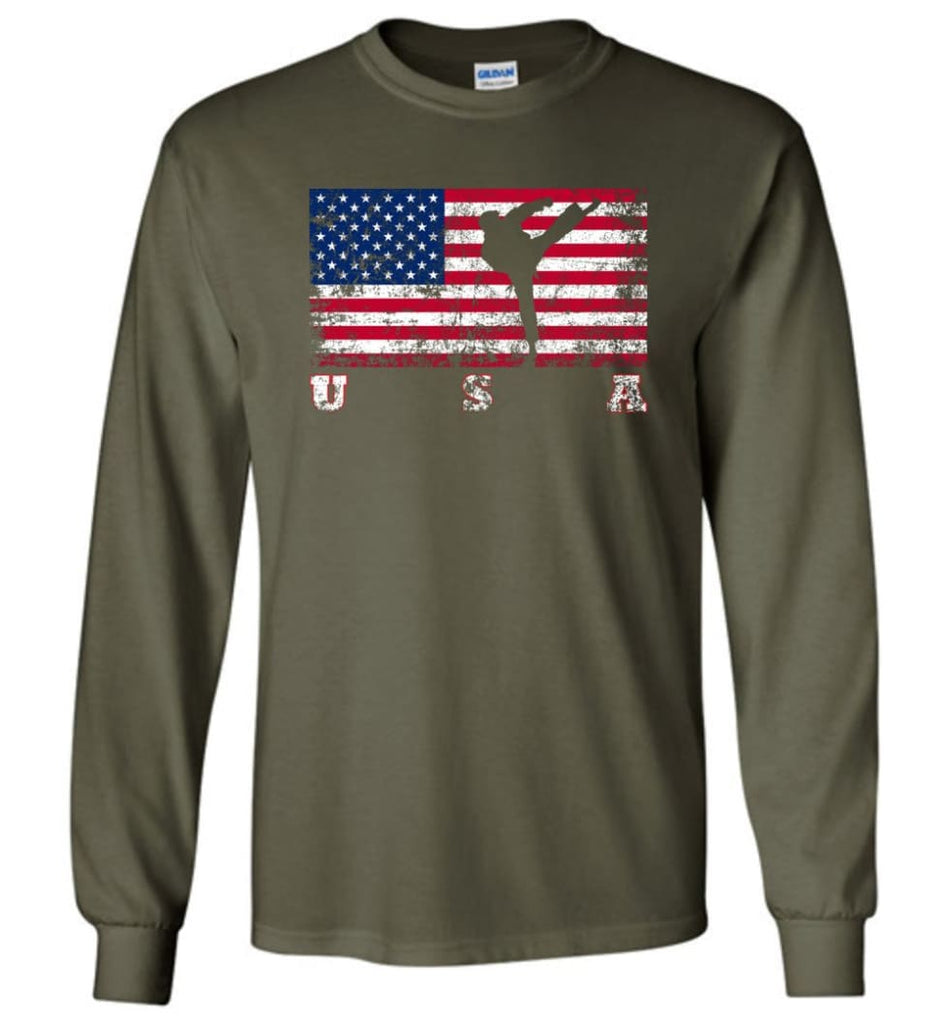 American Flag Taekwondo - Long Sleeve T-Shirt - Military Green / M