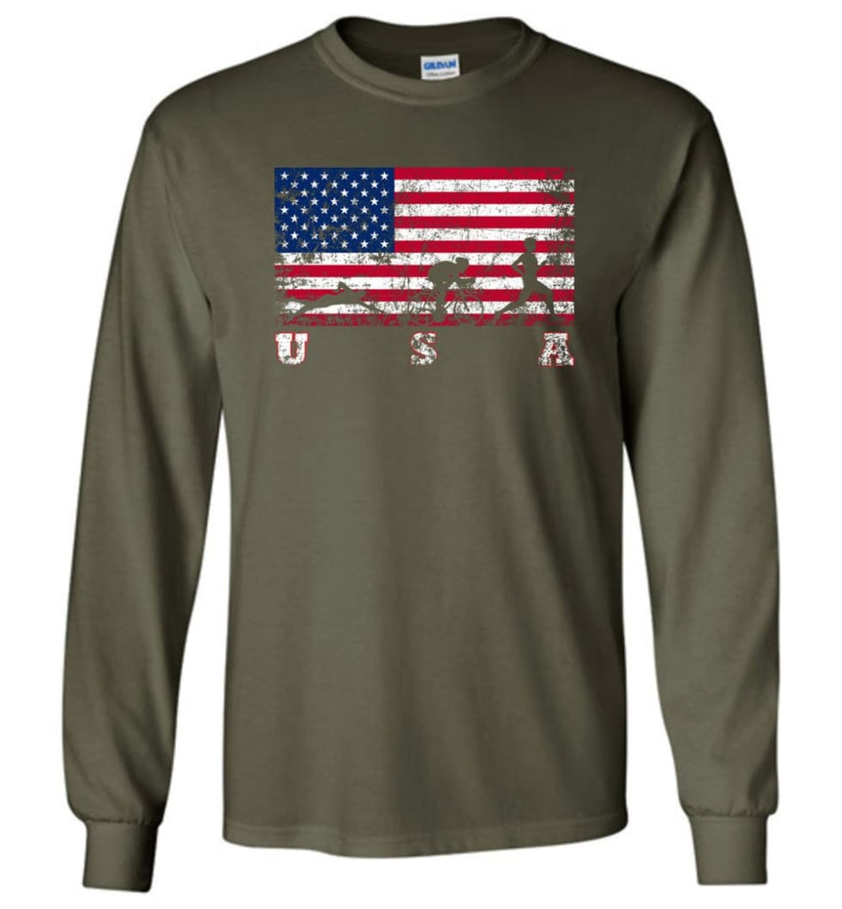 American Flag Triathlon - Long Sleeve T-Shirt - Military Green / M