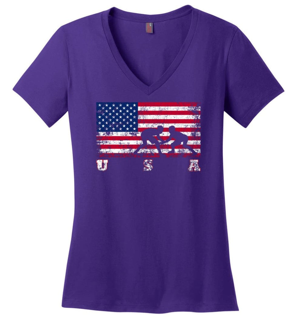 American Flag Volleyball Ladies V-Neck - Purple / M