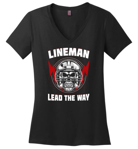American Football Lineman Shirts Lineman Lead The way - Ladies V-Neck - Black / M