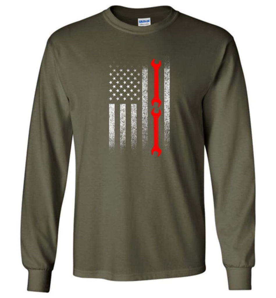 American Mechanic Flag Shirt - Long Sleeve T-Shirt - Military Green / M