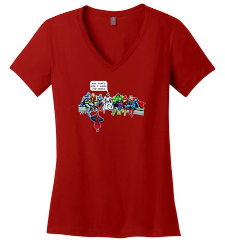 And that’s how I saved the world Jesus And Superheroes shirt - Ladies V-Neck - Red / M