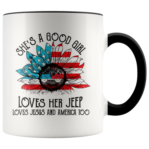 She's A Good Girl Loves Her Jeep Jesus and America Too Funny Birthday Gift Premium Accent Mug