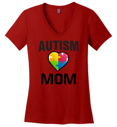 Autism Awareness Shirt Proud Autism Mom Mother Mommy - Ladies V-Neck - Red / M