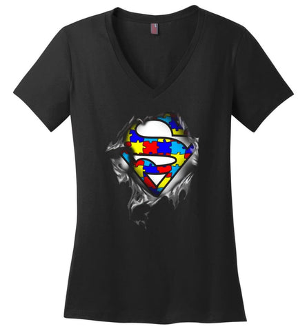 Autism Awareness Shirt Superhero Autism Autism Shirts for Kid - Ladies V-Neck - Black / M