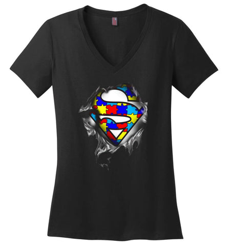 Autism Awareness Shirt Superhero Autism Autism Shirts for Kid - Ladies V-Neck - Black / M