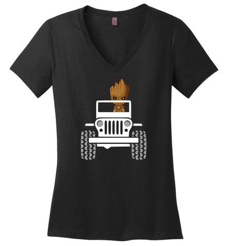 Baby Groot Drive A Jeep - Ladies V-Neck - Black / M - Ladies V-Neck