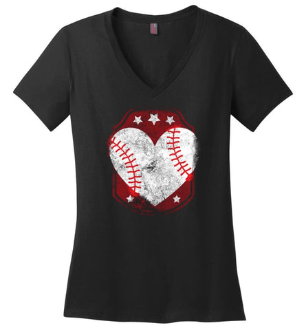 Baseball Heart Softball Mom Gift Shirt for Player Lovers Ladies V-Neck - Black / M - womens apparel
