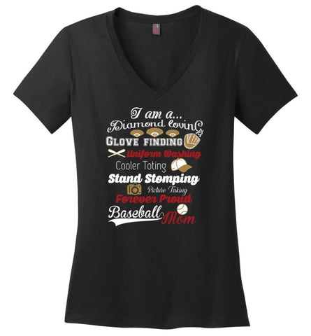 Baseball Player Lover Gift I Am Proud Baseball Mom Ladies V-Neck - Black / M - womens apparel